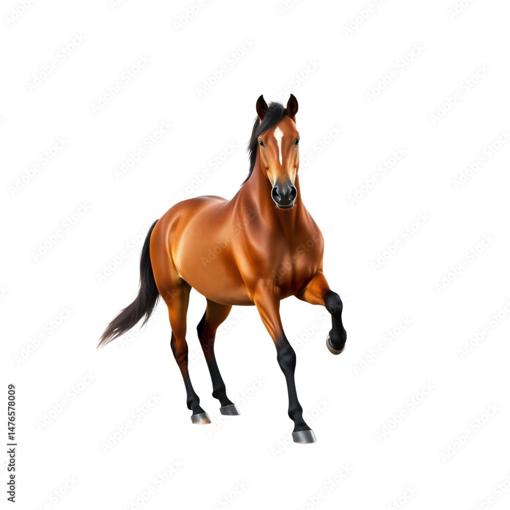 Obraz premium Majestic Horse in Motion: A stunning chestnut horse with flowing mane strides powerfully forward, showcasing the elegance and grace of this beautiful creature in a captivating pose.