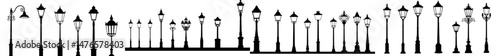 Silhouettes of streetlights are set in black, featuring isolated vintage lights and outdoor street lamps mounted on poles, exemplifying city or town lighting with an old style streetlight in modern