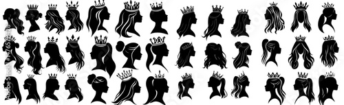 Black silhouette profiles of princess and queen, crown woman avatars of female royal heads and majesty characters isolated on white background in modern style
