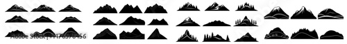Modern black icons feature a simple silhouette of mountains, including rock tops, stone cliffs, hiking peaks, and steep slopes for climbing hillsides, all in monochrome and isolated on a white