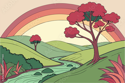 102 3d papercraft landscape, dynamic layered papercut art, vibrant bold colorful nature scenery, rolling hills, winding river, soft gradient background, digital illustration, highly detailed