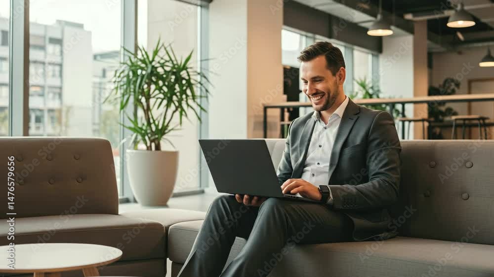Professional businessman working on laptop while sitting on couch in office Professional businessman working on laptop while sitting on couch in office