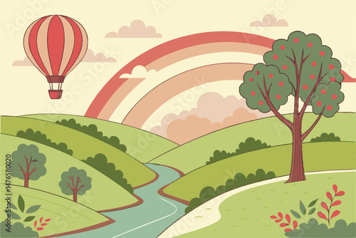 102 3d papercraft landscape, dynamic layered papercut art, vibrant bold colorful nature scenery, rolling hills, winding river, soft gradient background, digital illustration, highly detailed