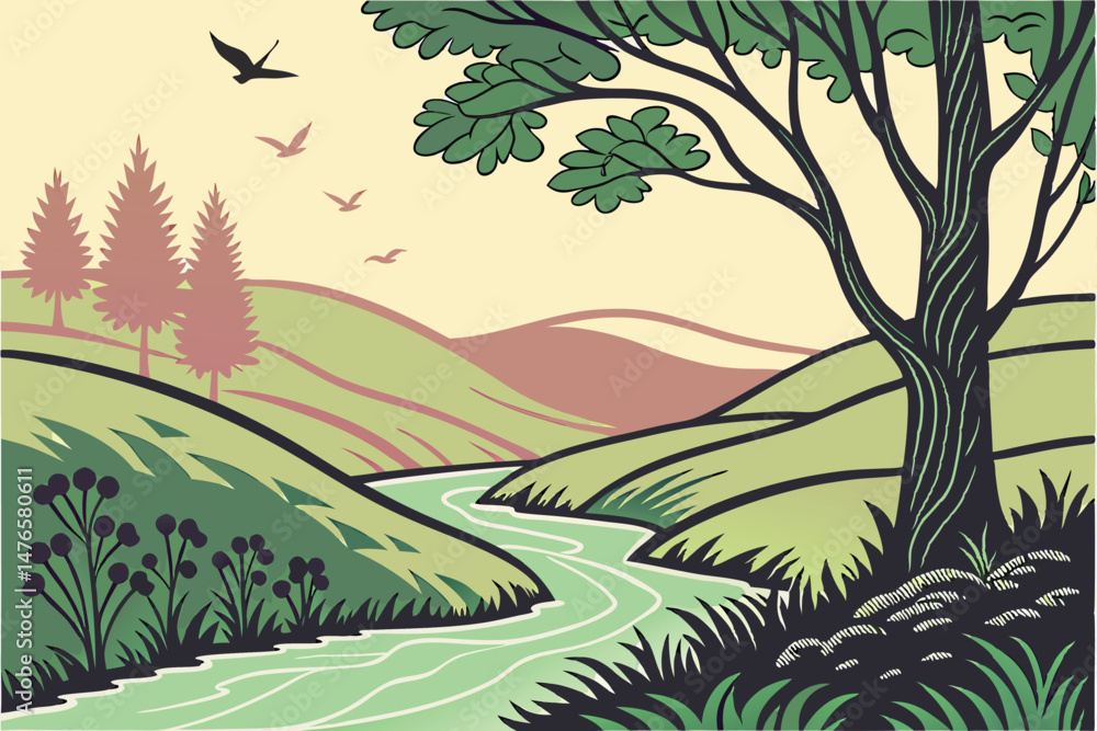 Fototapeta premium 102 3d papercraft landscape, dynamic layered papercut art, vibrant bold colorful nature scenery, rolling hills, winding river, soft gradient background, digital illustration, highly detailed