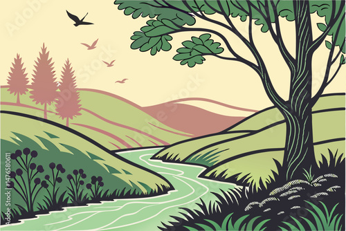 102 3d papercraft landscape, dynamic layered papercut art, vibrant bold colorful nature scenery, rolling hills, winding river, soft gradient background, digital illustration, highly detailed