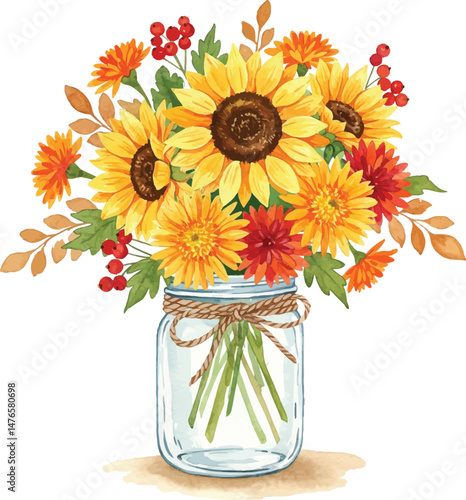 Hand Drawn Watercolor Mason Jar with Sunflowers, Dahlias, and Autumn Decor