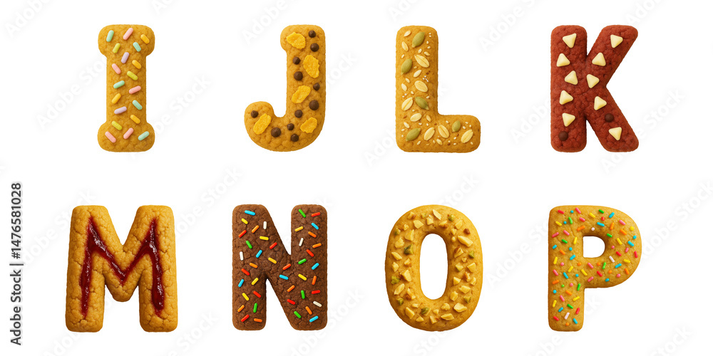 Alphabet cookies shaped as letters I, J, K, L, M, N, O, and P with colorful toppings : Creative cookies in the form of letters decorated with sprinkles, nuts, and chocolate Alphabet cookies shaped as letters I, J, K, L, M, N, O, and P with colorful toppings : Creative cookies in the form of letters decorated with sprinkles, nuts, and chocolate