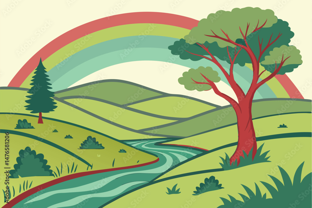 Obraz premium 102 3d papercraft landscape, dynamic layered papercut art, vibrant bold colorful nature scenery, rolling hills, winding river, soft gradient background, digital illustration, highly detailed