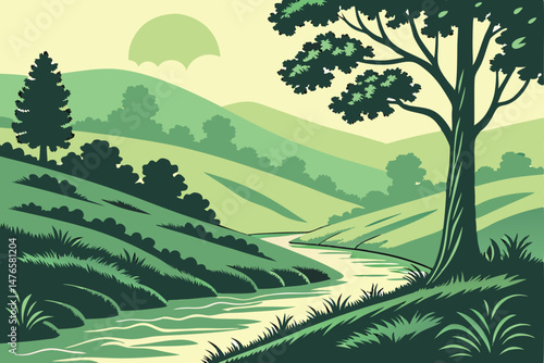 102 3d papercraft landscape, dynamic layered papercut art, vibrant bold colorful nature scenery, rolling hills, winding river, soft gradient background, digital illustration, highly detailed