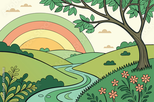 102 3d papercraft landscape, dynamic layered papercut art, vibrant bold colorful nature scenery, rolling hills, winding river, soft gradient background, digital illustration, highly detailed