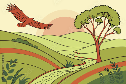102 3d papercraft landscape, dynamic layered papercut art, vibrant bold colorful nature scenery, rolling hills, winding river, soft gradient background, digital illustration, highly detailed