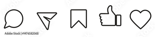 Set of generic social media user interface icons. Like, comment, share and save icons. Social media flat icons. Vector, flat outline icon, 10 eps