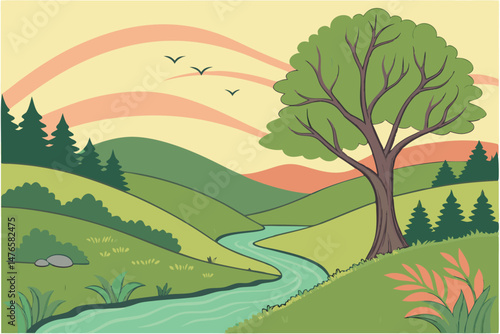 102 3d papercraft landscape, dynamic layered papercut art, vibrant bold colorful nature scenery, rolling hills, winding river, soft gradient background, digital illustration, highly detailed