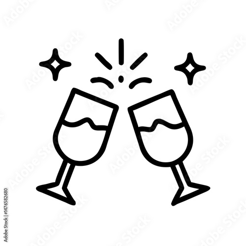 Minimalist black outline vector icon of two clinking glasses in a celebratory toast, symbolizing joy and festivity.