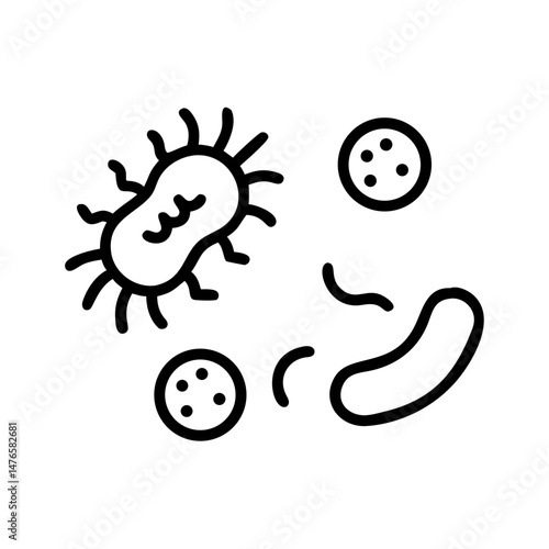 Minimalist black outline vector icon of diverse bacteria, symbolizing microbial life, biological diversity, and microscopic interactions in a scientific concept