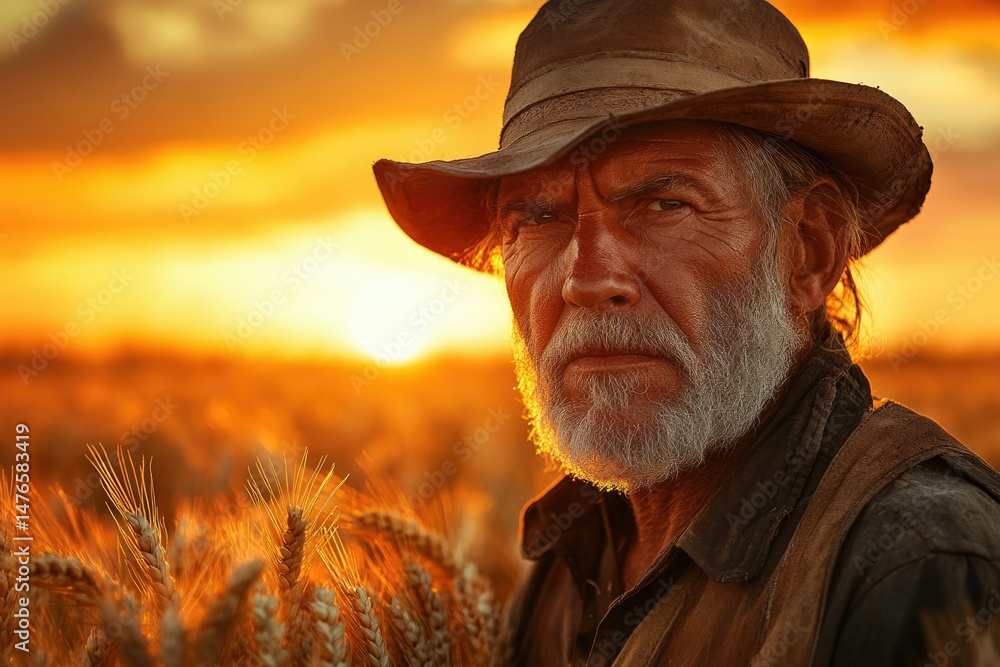An elderly farmer stands in a golden wheat field at sunset, a portrait of resilience and hard work. An elderly farmer stands in a golden wheat field at sunset, a portrait of resilience and hard work.