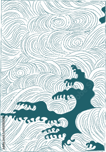 Japanese waters wave print background vector illustration. Sea pattern for posters, banners or cards in ancient ukiyo-e style.