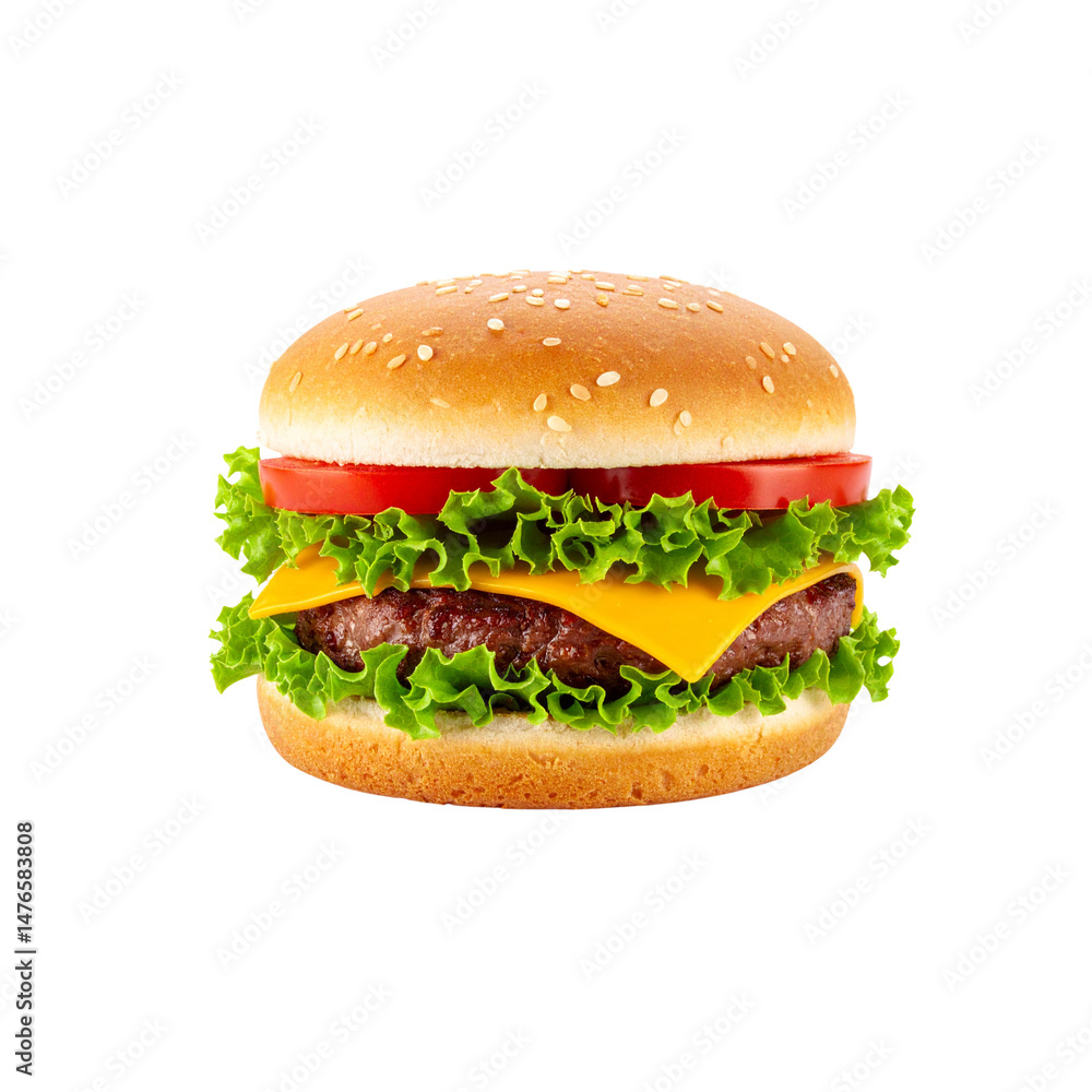 Delicious hamburger with sesame seed bun, fresh lettuce, juicy beef patty, melted cheese, and ripe tomato, perfect for satisfying meal Delicious hamburger with sesame seed bun, fresh lettuce, juicy beef patty, melted cheese, and ripe tomato, perfect for satisfying meal