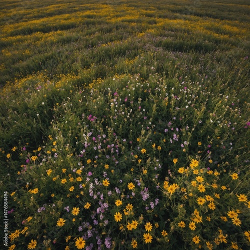 Bright yellow wildflowers bloom across a sunny spring meadow under a blue sky