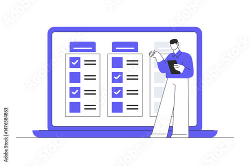 Task management finish project efficiently on computer laptop business planning checklist completion schedule agenda. Flat Cartoon Vector Illustration, icon. Stylish abstract design landing page