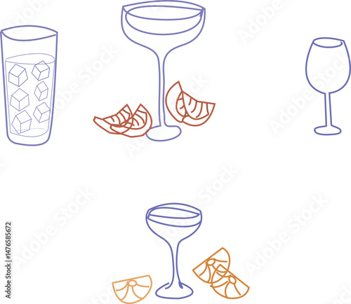 Hand drawn summer illustration set. Italian dolce vita. Minimalist line art. cocktails drinks doodle sketch style.