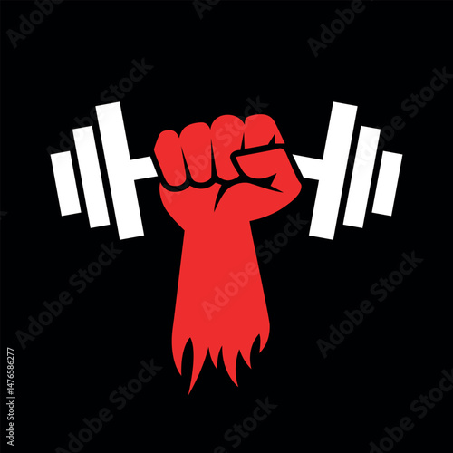 Gym logo with red fist holding dumbbells symbolizing strength and power