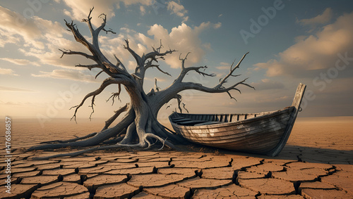 wooden boat and tree on Death Valley area dry lake with cracked earth/Desert landscape with cracked earth and old boat concept of climate change