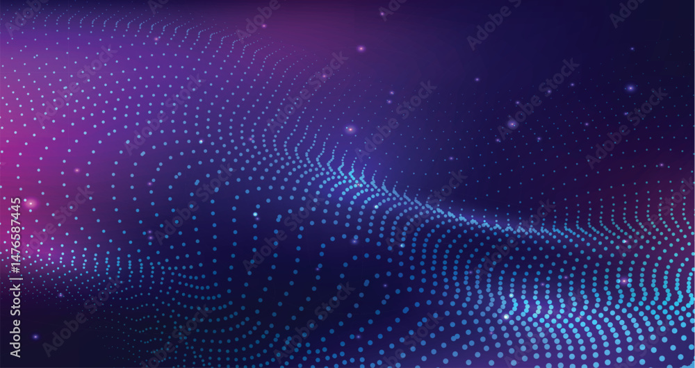 Abstract blue glowing energy waves from dotted line particles with blur effect on dark background. Futuristic modern backdrop design for business, presentation, ads, banner, website, landing page. Abstract blue glowing energy waves from dotted line particles with blur effect on dark background. Futuristic modern backdrop design for business, presentation, ads, banner, website, landing page.