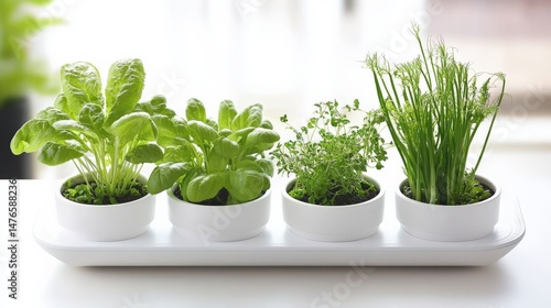Vibrant indoor herb garden with fresh green plants in white pots