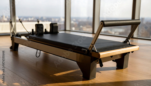 Pilates reformer in a bright studio with city view. Symbolizing wellness, strength, flexibility, and healthy lifestyle. Ideal for fitness and health concepts.