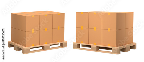 Set of wooden pallet for warehouse cargo storage with cardboard boxes on white background. 3d render of tray for cargo loading and transportation, freight delivery, warehousing service equipment