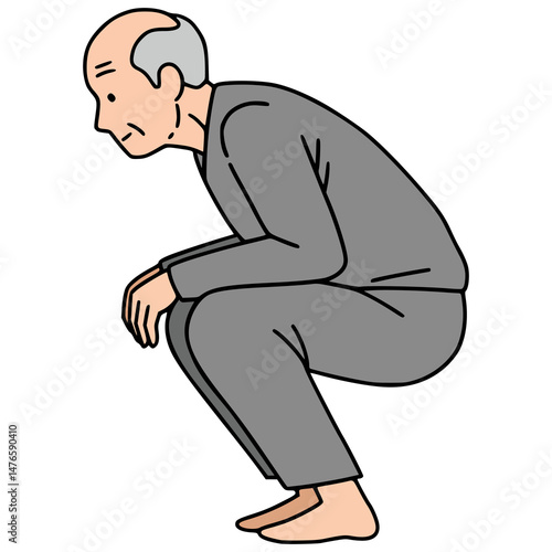 old man squat position sport exercise healthy flat color vector illustration template design
