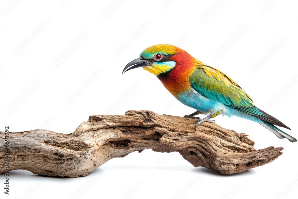 Fototapeta premium exotic bird with vivid colors on rough driftwood isolate on white background