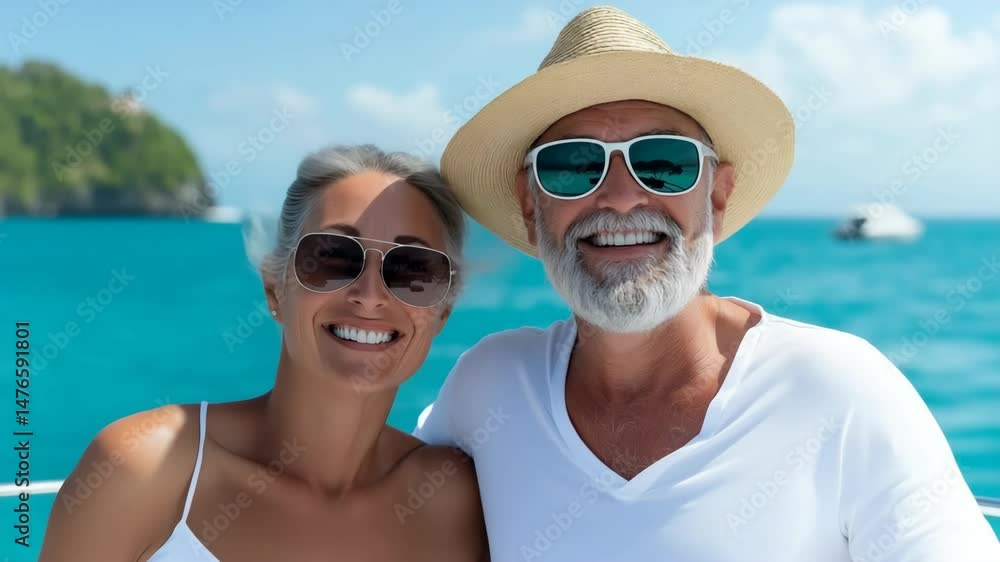 A man and woman are smiling and posing for a picture on a boat in the ocean. The man is wearing sunglasses and a straw hat, while the woman is wearing a white tank top. Scene is happy and carefree A man and woman are smiling and posing for a picture on a boat in the ocean. The man is wearing sunglasses and a straw hat, while the woman is wearing a white tank top. Scene is happy and carefree