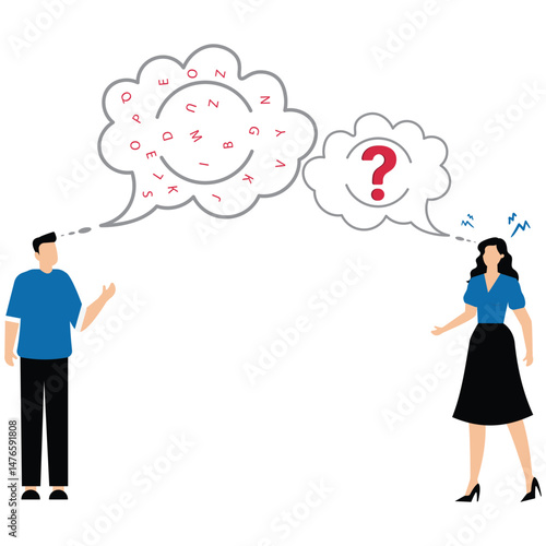 Businessman speak with jumbled letter in speech bubble symbolizing unclear message or confusion communication