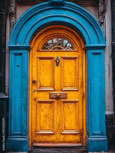 Vibrant yellow door with weathered texture, set in a striking blue arched frame.  This image evokes feelings of warmth, welcome, and a touch of vintage charm.