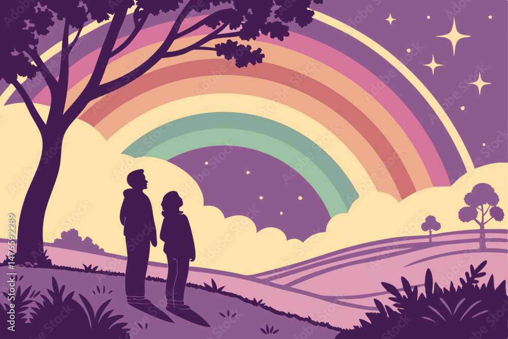 Naklejka premium 105 cinematic, colorful, surreal landscape, silhouettes of people watching night sky, vibrant rainbow, stars, digital art