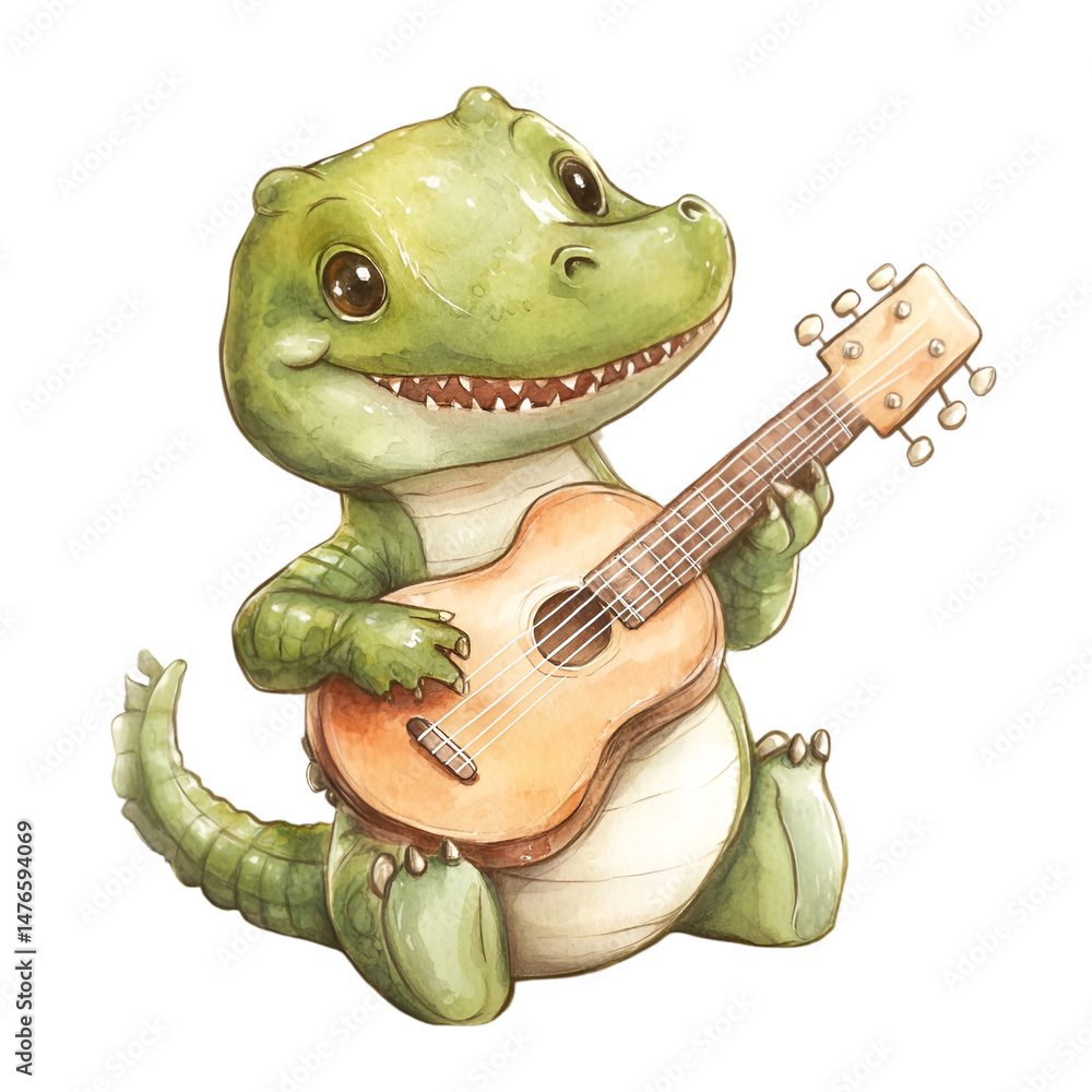 Naklejka premium Musical reptile performance fantasy forest illustration whimsical front view fun concept