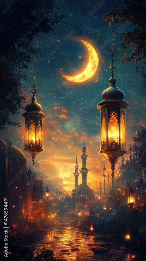 Fototapeta premium Mystical night scene with lanterns and mosque