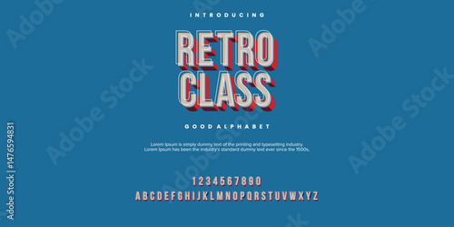 Retro Class Vector advertising banner Classic Cuisine. Modern 3D Font. Bright Alphabet Letters and Numbers set.