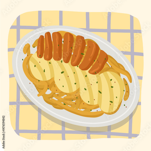 Illustration of mashed potato, sausage, and pasta serving