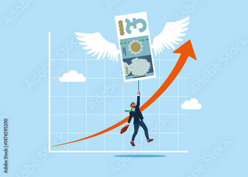 Flying pound sterling banknote with wings like a bird currency floats higher. Savings are growing, investment, wealth, spending, inflation and loss of savings. Modern vector illustration in flat style