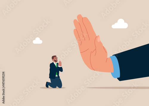 Control. Businessman is on his knees praying and begging boss for help. Worker is afraid of the big boss. Stress with boss's. Flat vector illustration