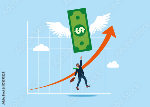 Flying dollar banknote with wings like a bird currency floats higher. Savings are growing, investment, wealth, spending, inflation and loss of savings. Modern vector illustration in flat style