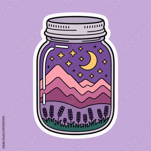 Magical Night Landscape in a Jar Cartoon Illustration