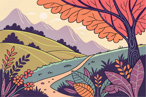 107 abstract landscape, colorful hills, vibrant foliage, lush vegetation, layered mountain range, sunset sky, papercut effect, digital art, hyperrealistic, detailed composition, bright colors, whimsic