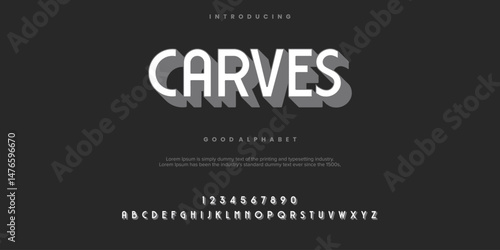 Carves Vector advertising banner Classic Cuisine. Modern 3D Font. Bright Alphabet Letters and Numbers set.