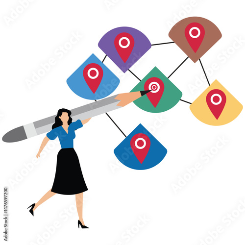 Roadmap journey step planning ,businesswoman draw on milestone location pin on business roadmap.project milestone or business journey achievement, workflow or process timeline to success