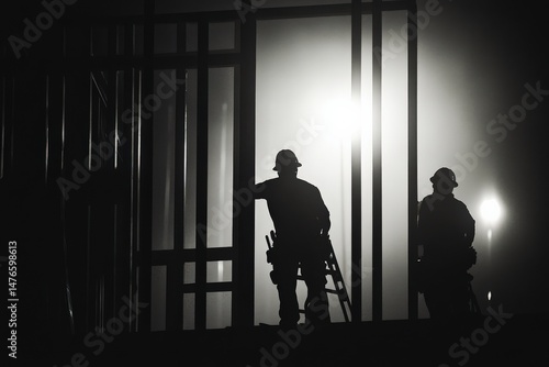 Silhouetted construction workers against backlight in urban environment