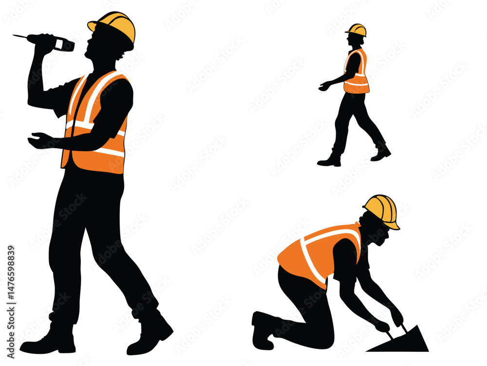 Obraz premium Vector illustration of workers, Set of silhouettes of workers wearing helmets